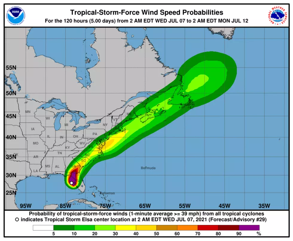 Elsa's wind forecast, as of Wednesday morning. There is a chance the NJ coast experiences tropical storm force winds (39+ mph). (NOAA / NHC)