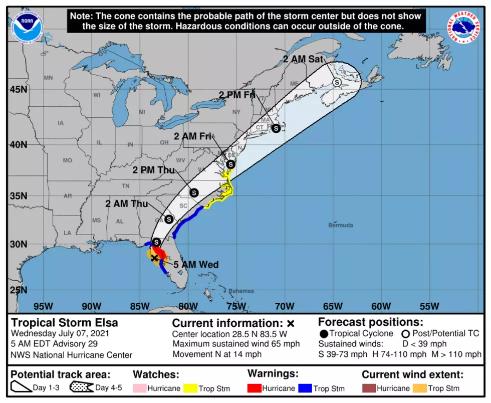 Tropical Storm Elsa's forecast track and intensity, as of early Wednesday morning. The center of the storm is expected to pass just south of New Jersey. (NOAA / NHC)