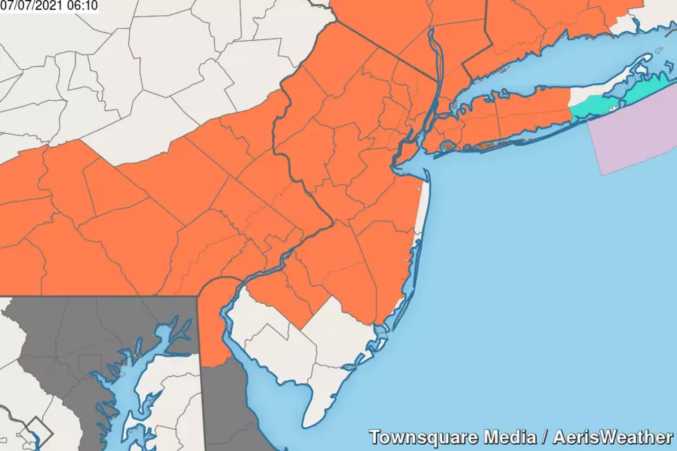 A Heat Advisory (salmon) covers non-coastal New Jersey until 8 p.m. Wednesday evening.