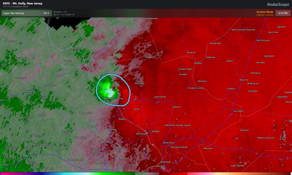 Radar velocity image captured at 6:10 p.m. Thursday, as NJ's first tornadic storm of the day crossed the Delaware River into Mercer County. (Radarscope)