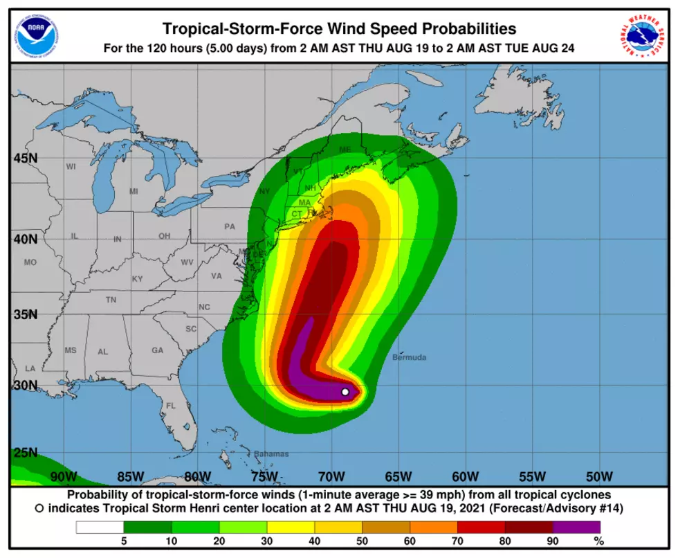 The Probability of Tropical Storm Winds graphic issued by the National Hurricane Center puts New Jersey on the western edge of Henri's impact zone. (NOAA / NHC)