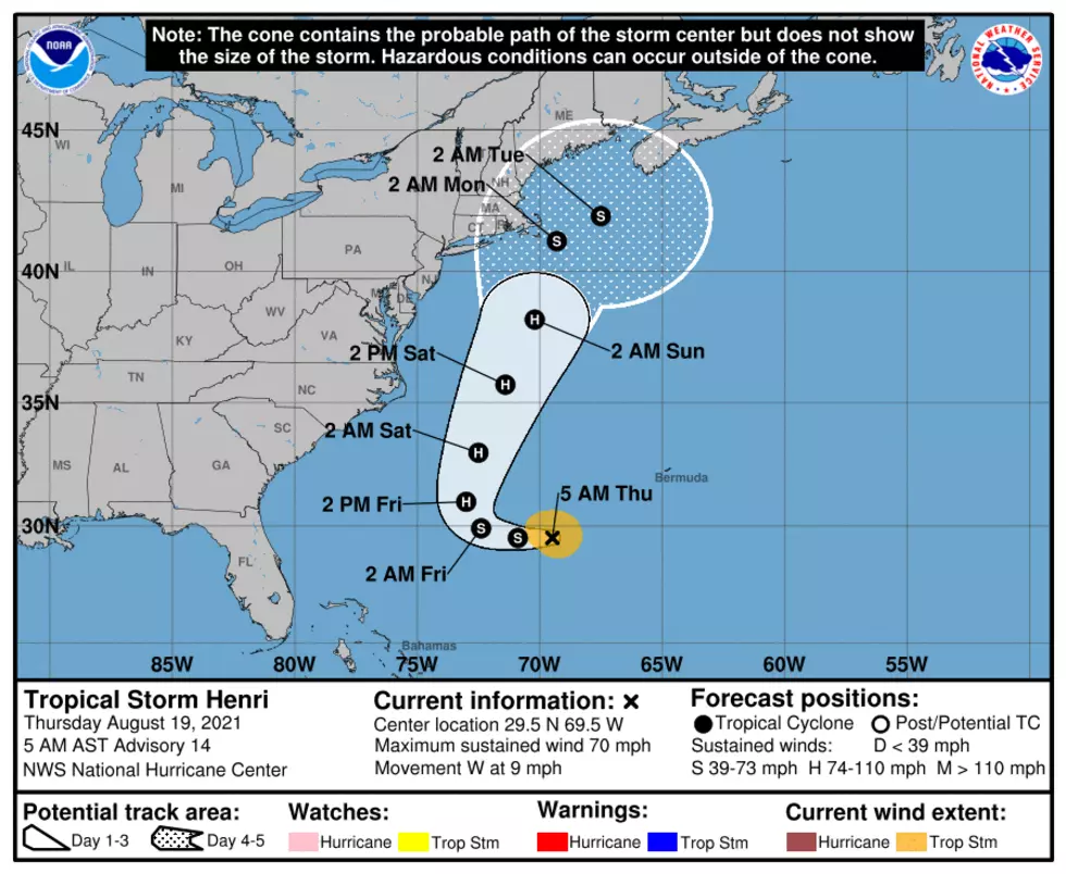 Stats and forecast track for Tropical Storm Henri, as of 5 a.m. Thursday. (NOAA / NHC)
