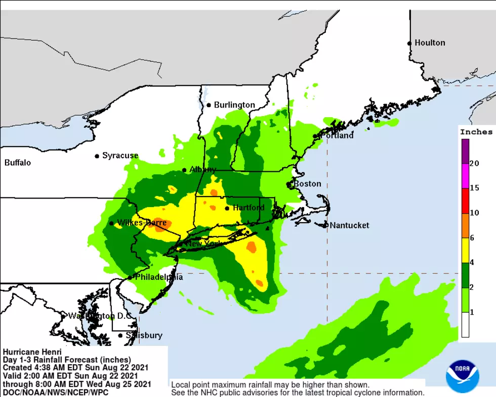 Additional rainfall from Henri's rain bands will range from hardly anything in South Jersey to upwards of 6 inches in North Jersey. (NOAA / NHC)