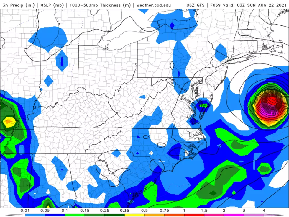 As the GFS model illustrates, as Henri makes its closest pass to NJ late Saturday into early Sunday, it may spit some rain toward New Jersey. (College of DuPage Meteorology)