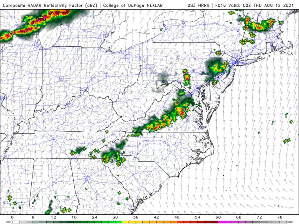 Strong thunderstorms will crash into western New Jersey again Wednesday evening, fueled by the intense heat and humidity. This picture is the HRRR model forecast for 8 p.m. Wednesday. (College of DuPage Meteorology)