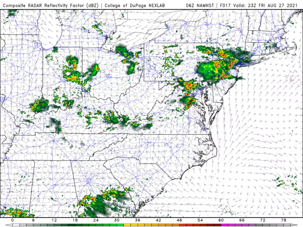 Scattered strong storms are expected to form over western NJ late Friday afternoon and early evening. The high-res NAM model forecast here is the most bull-ish on pockets of heavy rainfall. (College of DuPage Meteorology)