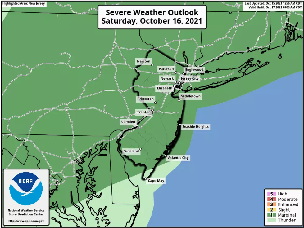 Saturday's severe weather outlook puts almost all of NJ under a "Marginal Risk" for gusty thunderstorms. (NOAA / SPC)