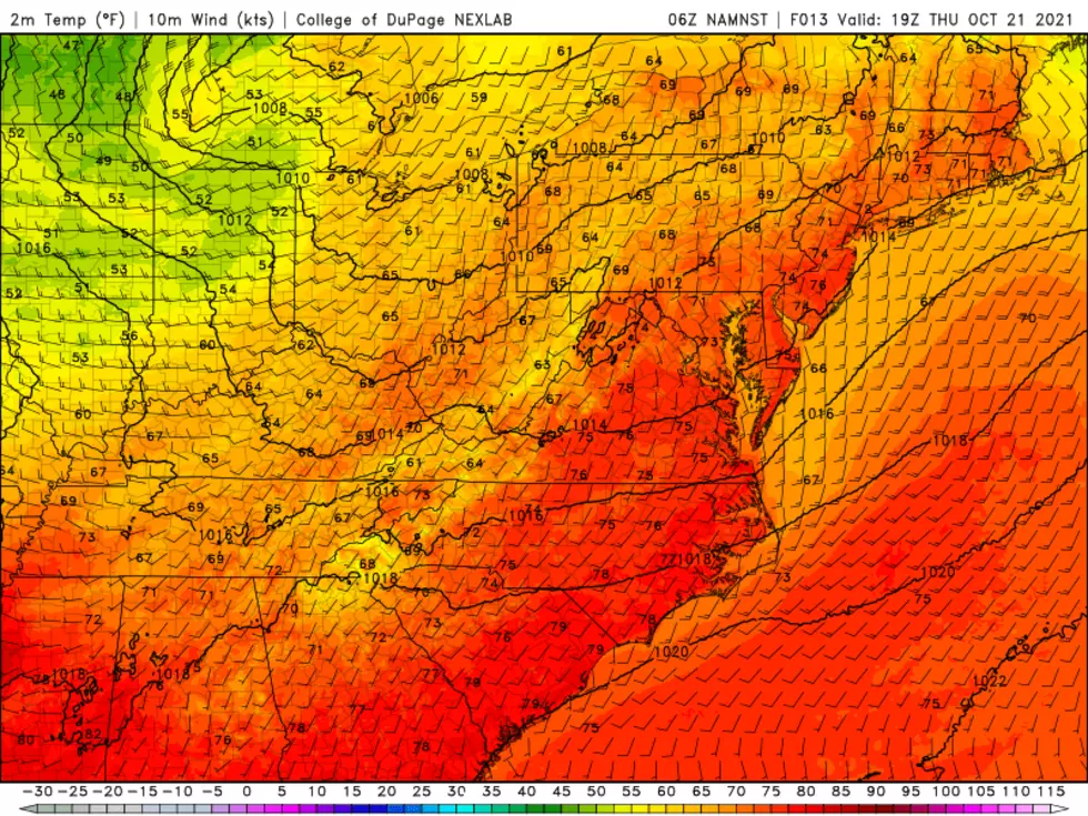 High-res NAM model forecast for Thursday afternoon, showing one more day of widespread 70s across New Jersey. (College of DuPage Meteorology)