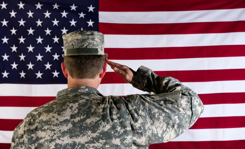 Male Veteran soldier, back to camera, saluting United States of America flag.