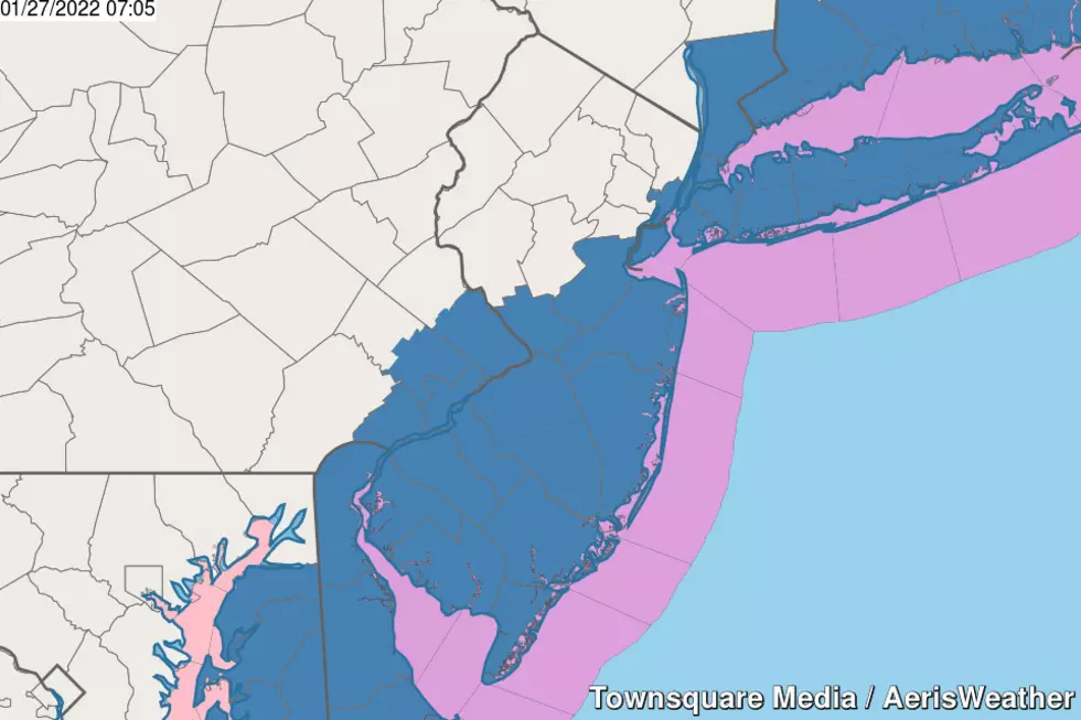 A Winter Storm Watch (steel blue) has been issued for 11 counties in southern and coastal New Jersey for Friday evening through Saturday evening. (Townsquare Media / AerisWeather)