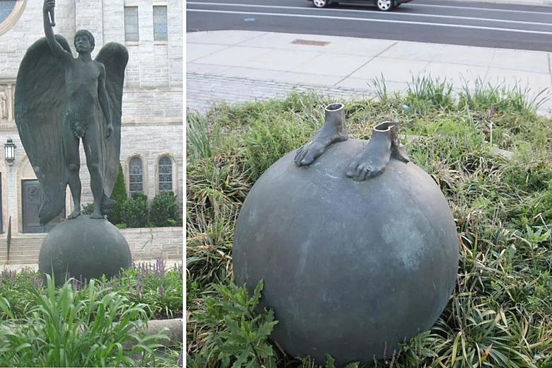 Who cut down a bronze statue from Trenton, NJ's Angel Island?