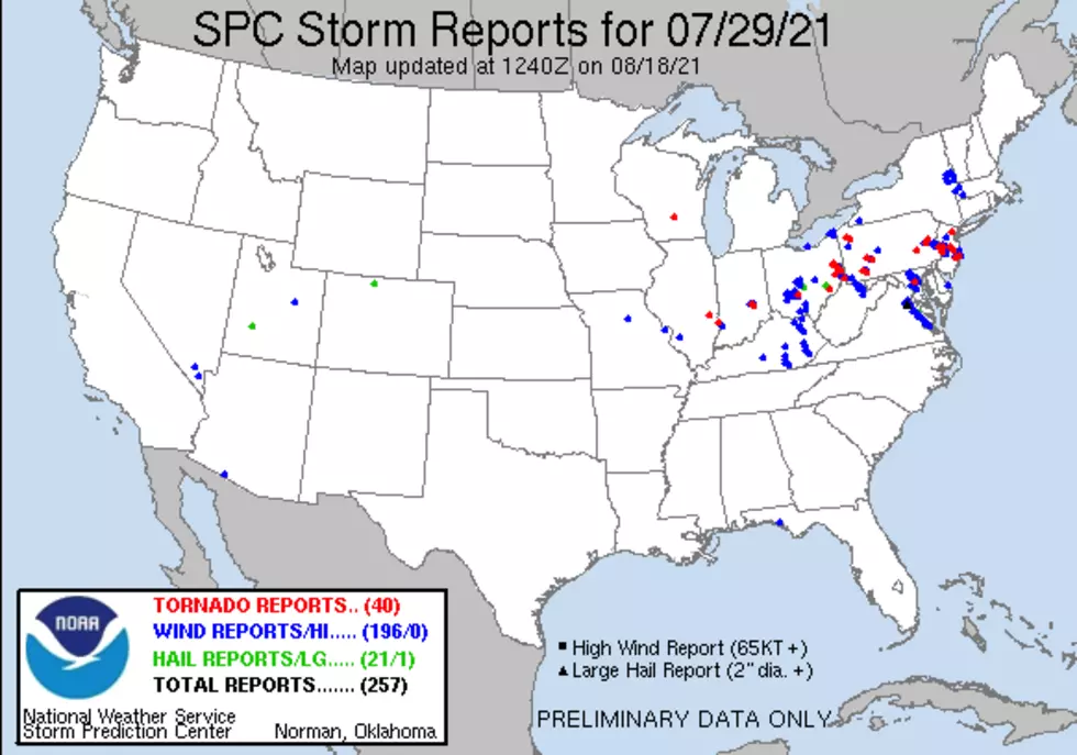 Severe weather reports from July 29, 2021. Red=Tornado, Blue=Wind, Green=Hail. (NOAA / SPC)