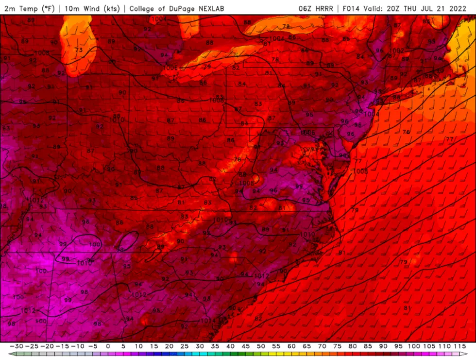 HRRR model temperature forecast for Thursday afternoon. Expect widespread 90s across New Jersey, about 10 degrees above normal for late July. (College of DuPage Meteorology)