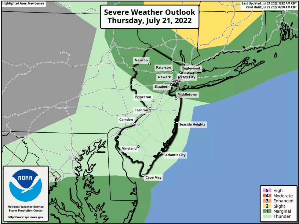 Although the chance of a thunderstorm is low, it will likely be strong to severe. Especially in far northern and far southern New Jersey, according to Thursday's severe weather outlook. (NOAA / SPC)