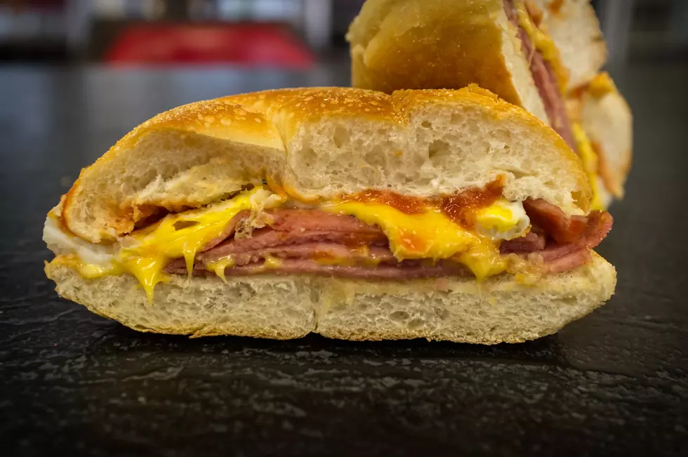 Taylor ham egg and cheese breakfast sandwich on a kaiser roll from New Jersey