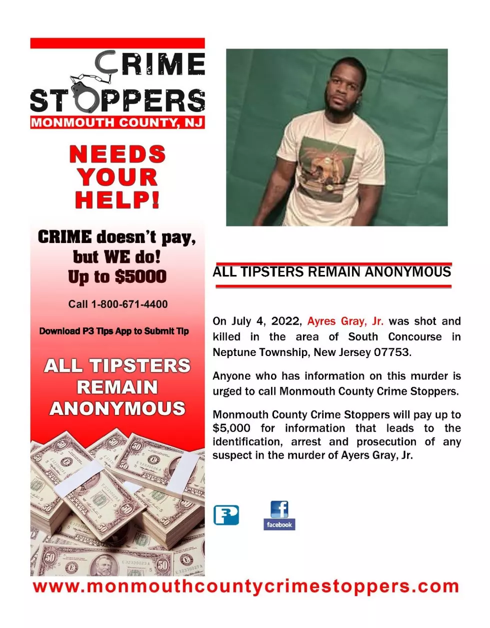 Reward offered for solid information related to death of Ayres Gray, Jr. (Monmouth County Crime Stoppers)