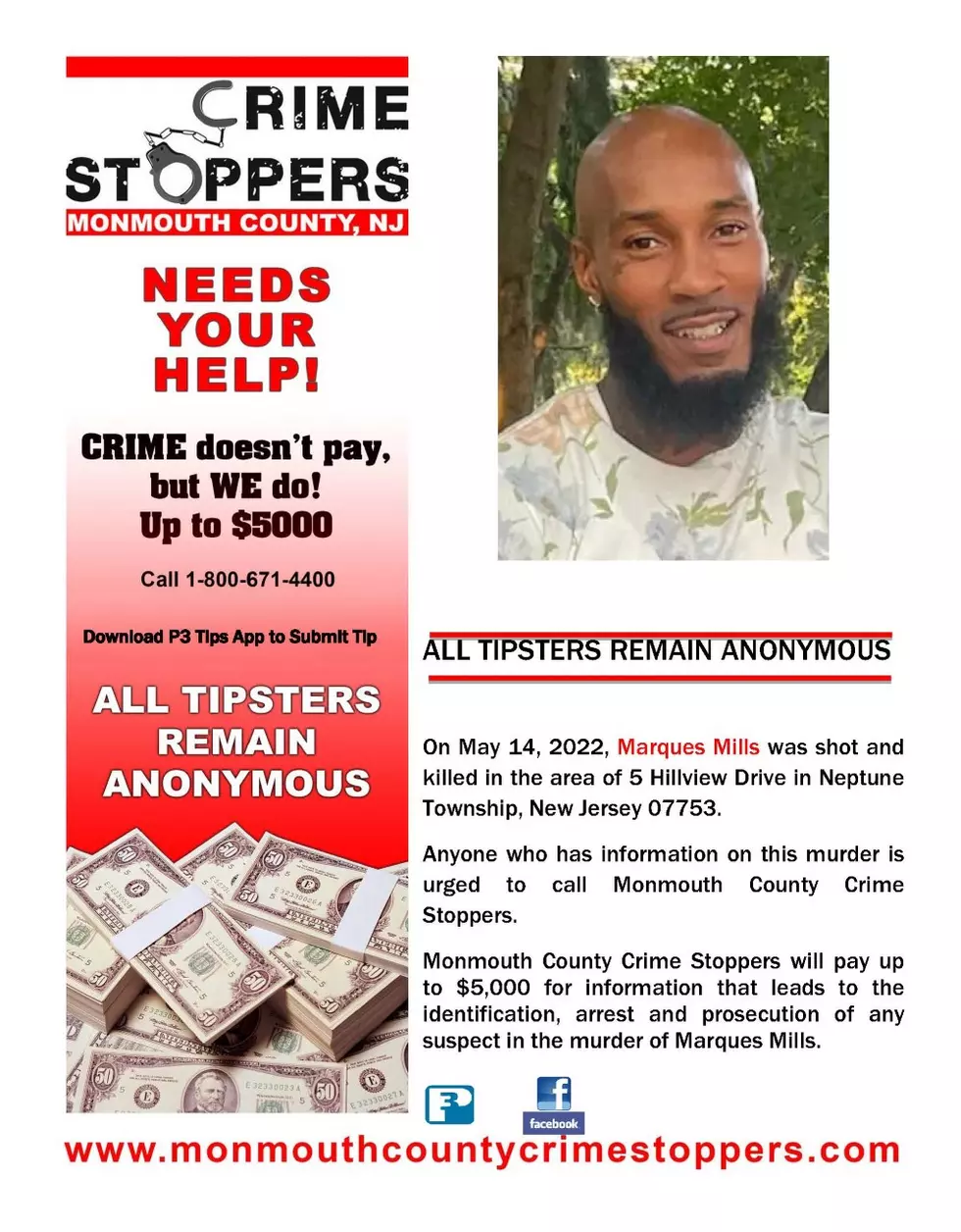 Reward offered for solid information related to death of Marques Mills (Monmouth County Crime Stoppers)