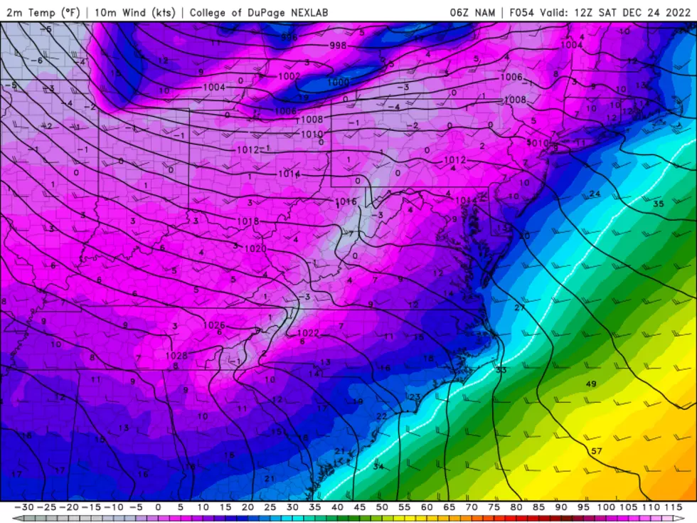 NAM model temperature forecast for Saturday morning, with widespread low temperatures in the singles and teens. Wind chills will enter the "danger zone". (College of DuPage Meteorology)