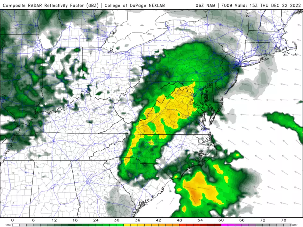 NAM model forecast as of late Thursday morning, as spotty rain pushes in New Jersey. (College of DuPage Meteorology)