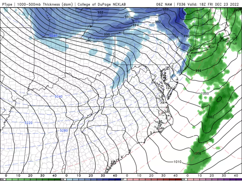 NAM model precipitation type forecast for midday Friday, showing a quick burst of snow is possible as the "grand finale" to this storm system.