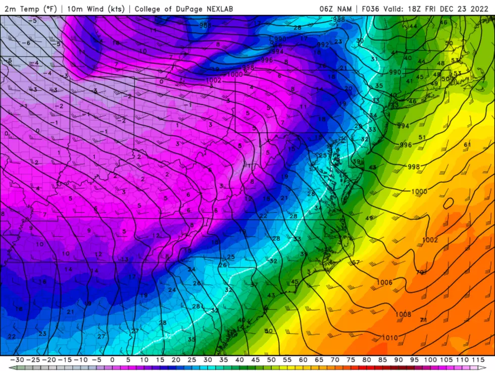NAM model temperature forecast as of early Friday afternoon, with arctic air knocking on New Jersey's door. (College of DuPage Meteorology)