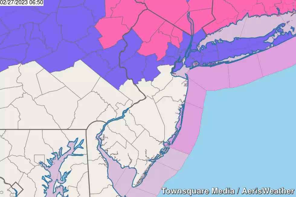 A Winter Storm Warning (pink) and Winter Weather Advisory (purple) are posted for North Jersey. (Townsquare Media / AerisWeather)