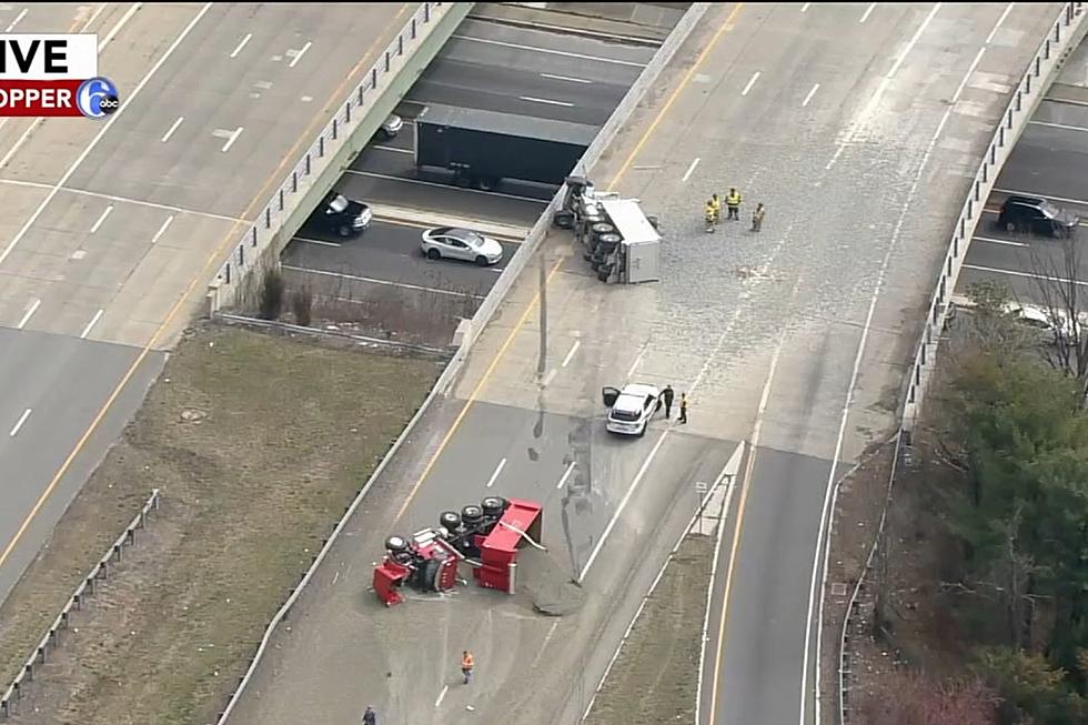 Overturned dump trucks close Route 295 at Route 1 in Lawrence, NJ