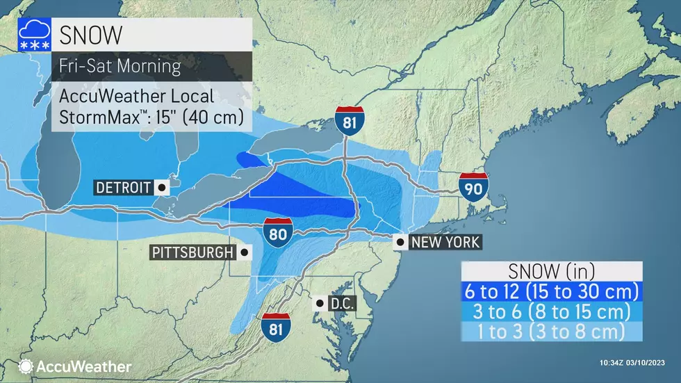Snow accumulations will be limited to northern New Jersey, although substantial snow won't be far away over Pennsylvania and New York. (Accuweather)