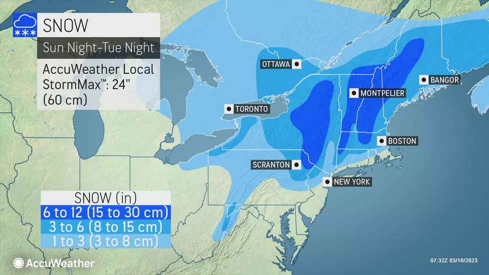 Snow totals are highly uncertain. This map shows heavy snowfall just north of the Garden State. (Accuweather)