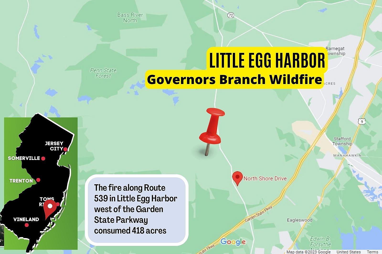 Wind-blown wildfire in Little Egg Harbor, NJ now 100% contained