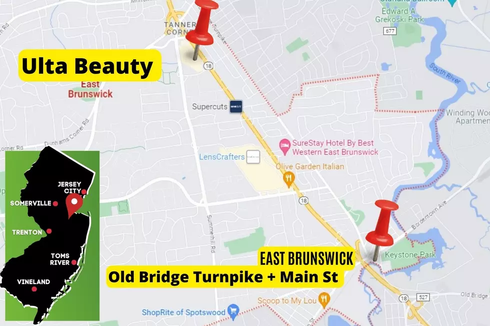 Map showing Ulta on Route 18 southbound and intersection of Old Bridge Turnpike and Main Street in East Brunswick
