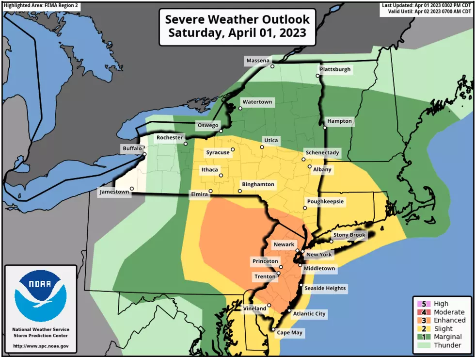 The latest outlook from the Storm Prediction puts New Jersey squarely in the bullseye of potentially dangerous weather Saturday, including wind, hail, rain, and even a tornado. . (NOAA / SPC)