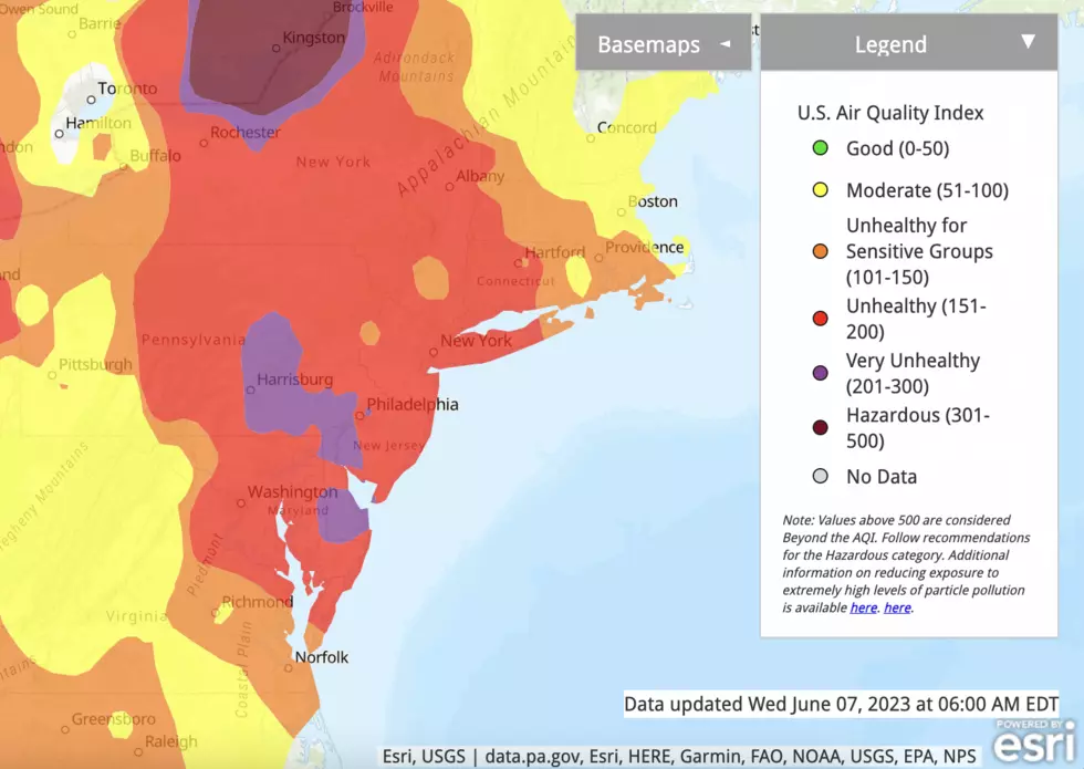 The Air Quality Index Wednesday morning is quite unhealthy across New Jersey, due to smoke particulates in the air. (EPA / NJ DEP)
