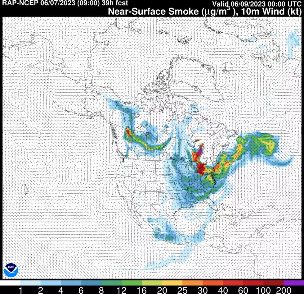 The thickest smoke is forecast to drift well west of New Jersey by Thursday afternoon. (NOAA / GDL)