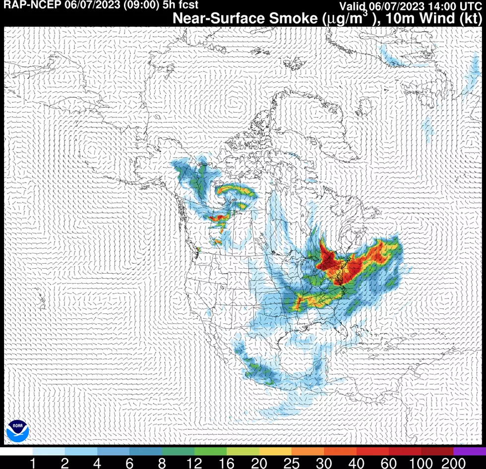 New Jersey will enter a narrow corridor of thinner smoke Wednesday morning, allowing for a few hours of improved air quality. (NOAA / GDL)