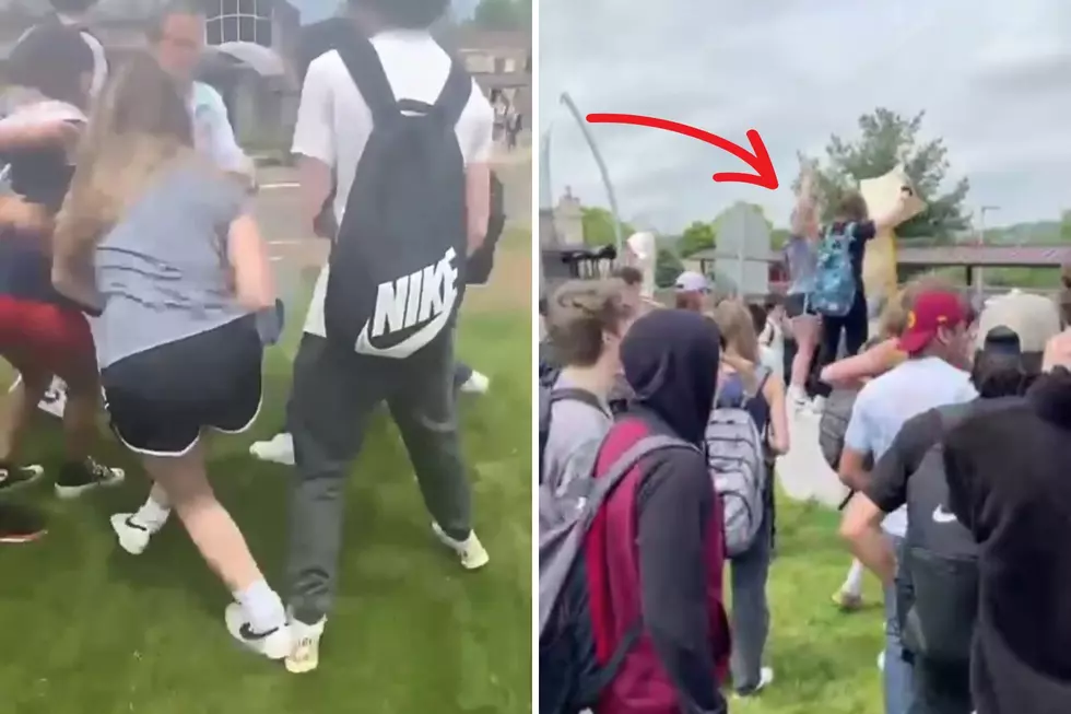 Screenshots of videos showing Pagano's sign ripped away from her (left) and being pulled off a platform from behind. (via John Coyle)