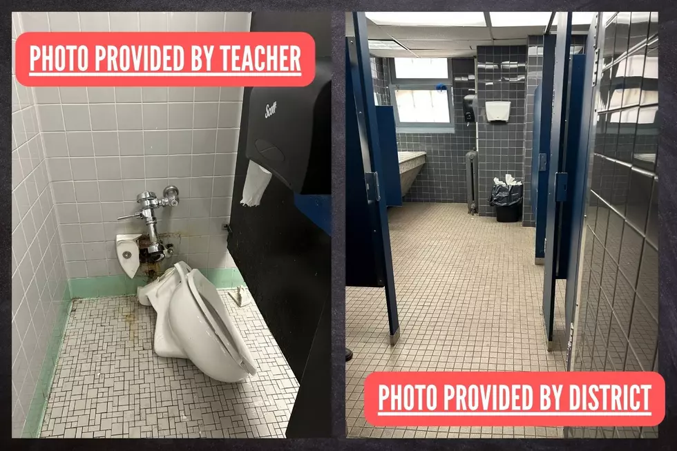 Photo submitted by teacher and photo submitted by the district in response to our report (Townsquare Media composite)