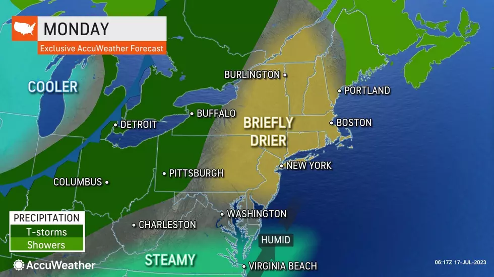 Monday's weather turns brighter, drier, and slightly less humid. (Accuweather)