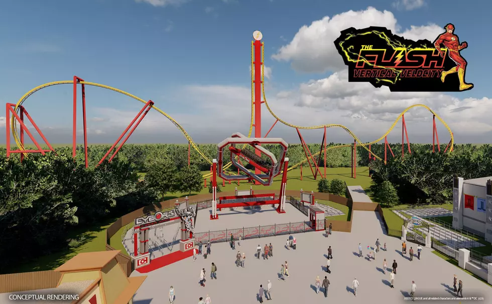 Rendering of The Flash: Vertical Velocity, scheduled to be up and running for the 2024 season at Six Flags Great Adventure in Jackson (Six Flags)