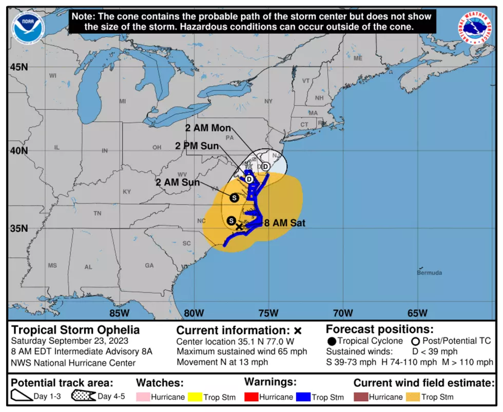 The 8 a.m. update on Tropical Storm Ophelia, as the storm's center travels into inland North Carolina. (NOAA / NHC)