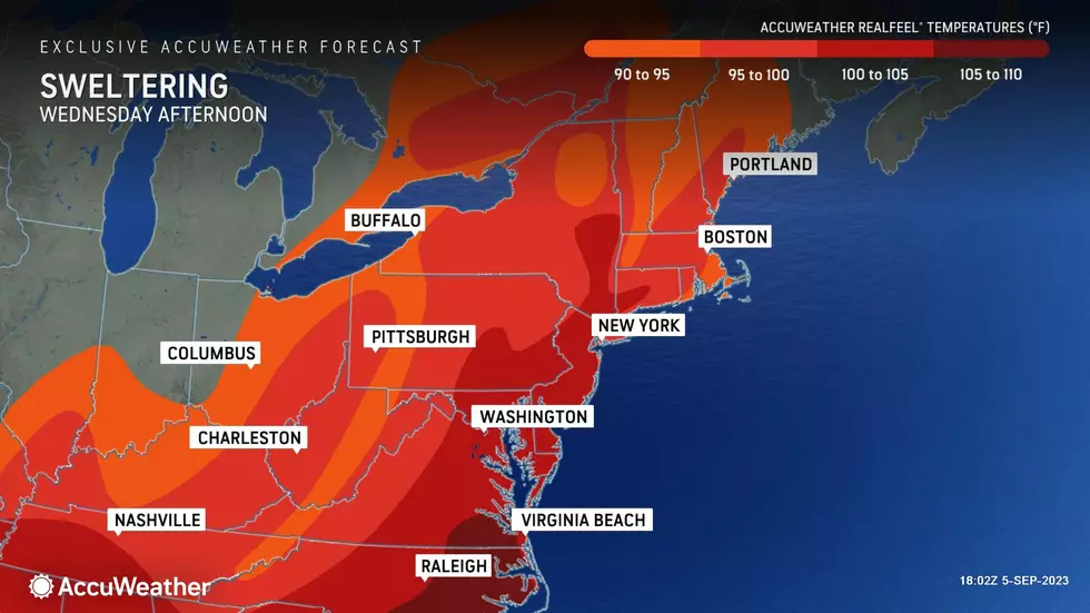 The heat index - or "feels like" or "apparent" temperature - will hit 100+ degrees in parts of NJ Wednesday. (Accuweather)
