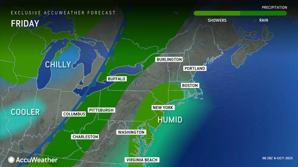 Friday will be drizzly and showery, but steady rain and cooler air stay west for now. (Accuweather)