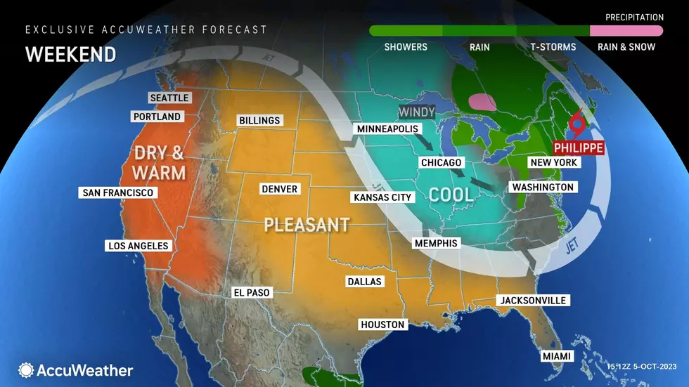 The weekend overview shows a broad trough enveloping the eastern United States, introducing rain and then cooler air. (Accuweather)