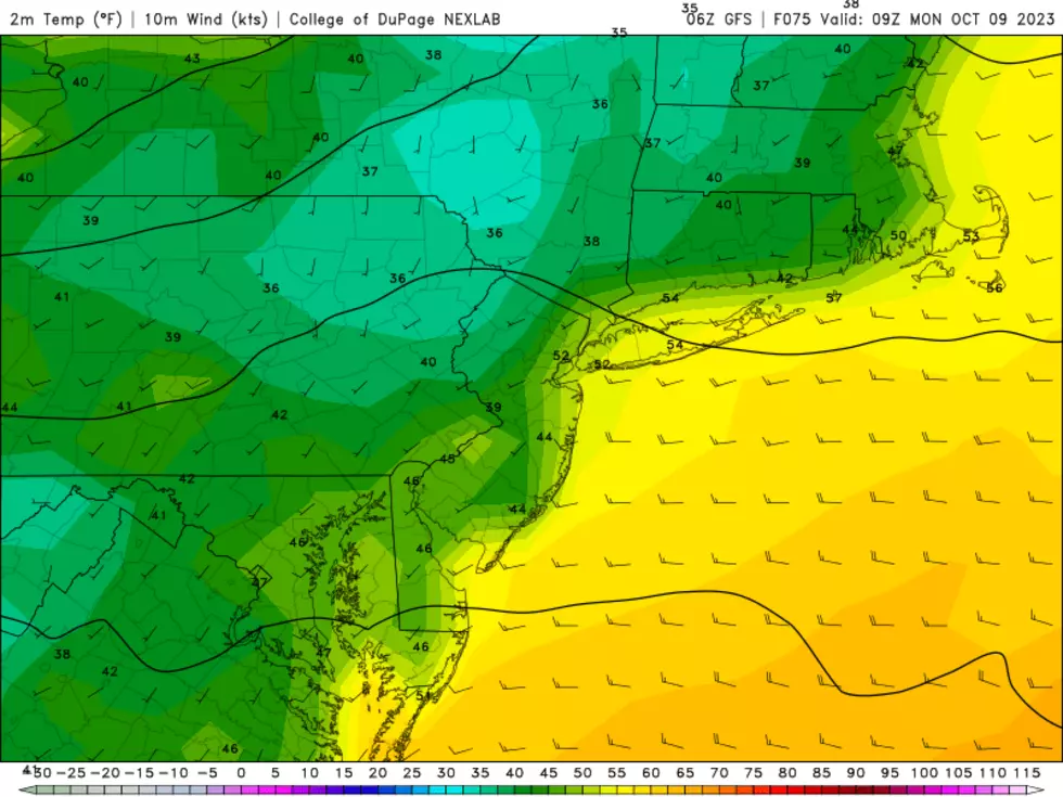 GFS model temperature forecast for early Monday morning. Note the chilly, potentially frosty 30s creeping into NW NJ. (College of DuPage Meteorology)