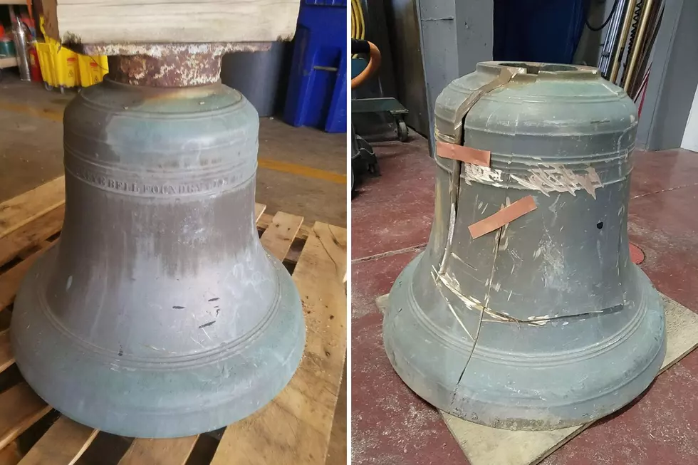 Bell at the Pleasantville Fire Department before and after it was stolen