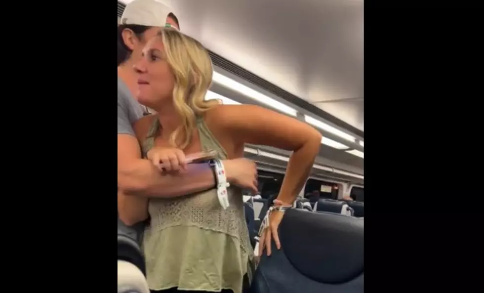 A friend tries to restrain a woman identified as Brianna Pinnix as she shouts at German tourists on a New Jersey Transit train Reddit screengrab/s_y_s_t_e_m_i_c_