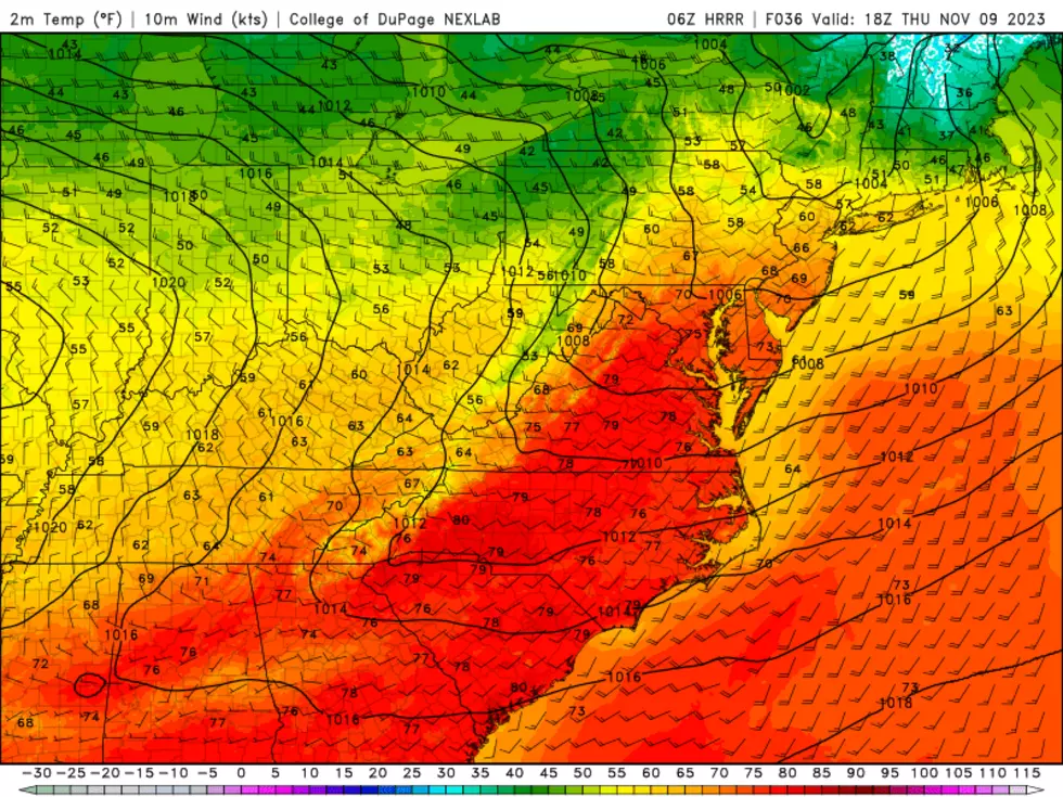 Thursday's temperature forecast, according to the HRRR model, pushes temperatures well into the 60s (at least) across New Jersey. (College of DuPage Meteorology)