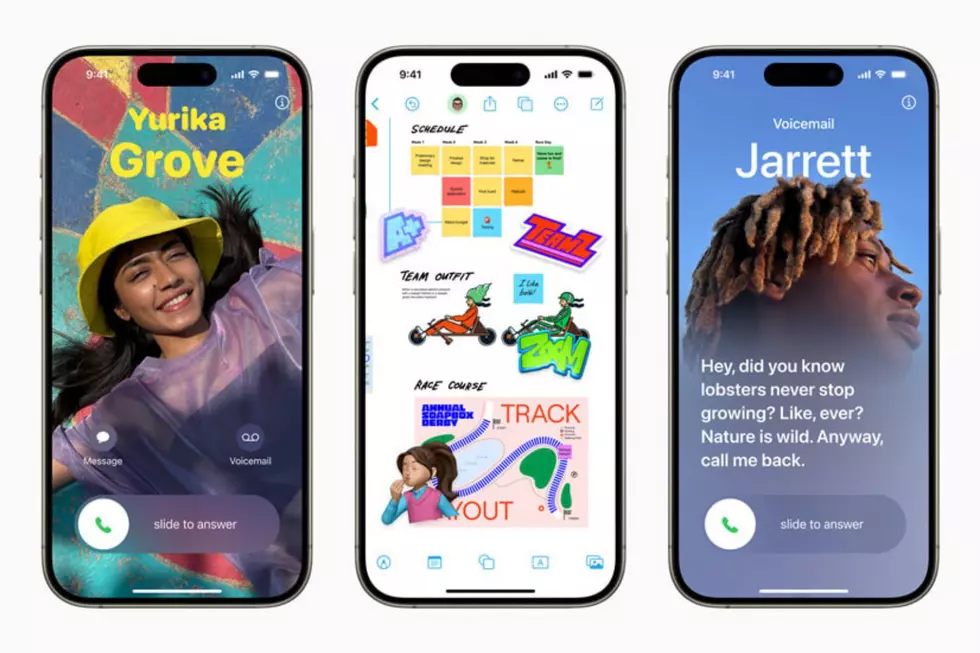Image shows iOS17 features of contact posters, a new stickers experience, live voicemail