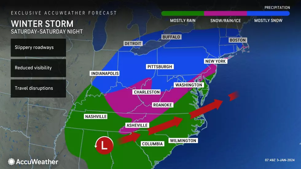 A potent area of low pressure will throw both snow and rain toward New Jersey from Saturday afternoon to Sunday morning. (Accuweather)