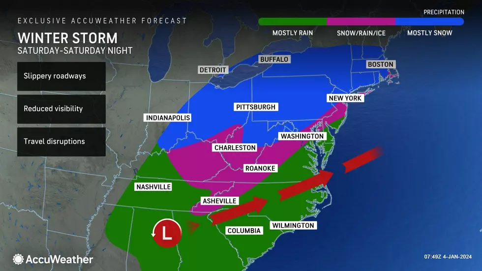 The track of this weekend's coastal storm is close enough to New Jersey to warm the southern shore and keep the precipitation type as predominantly rain. (Accuweather)